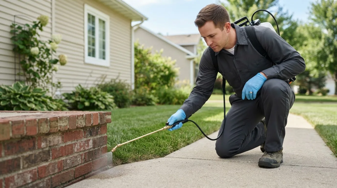 Pest control technician treating a home near Bone Gap, IL